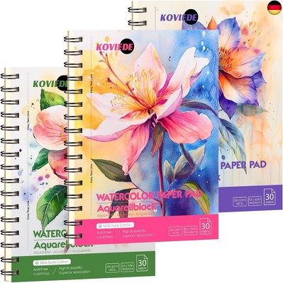 KOVIEDE 100% Baumwolle Aquarellpapier Pad - 3 Pack (90 Blätter) A5 300g/? Cold 