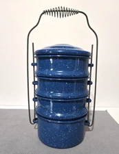 Vintage Enamelware Graniteware Speckled Blue 5 Piece Stacking Lunch Pail 