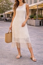 Oneworld Crochet Look Lace Dress Sz S Boho Fringe MIDI Easter Whimsical Beach