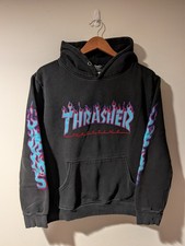 Felpa con cappuccio Thrasher Magazine Skateboarding logo fiamma nera uomo grande