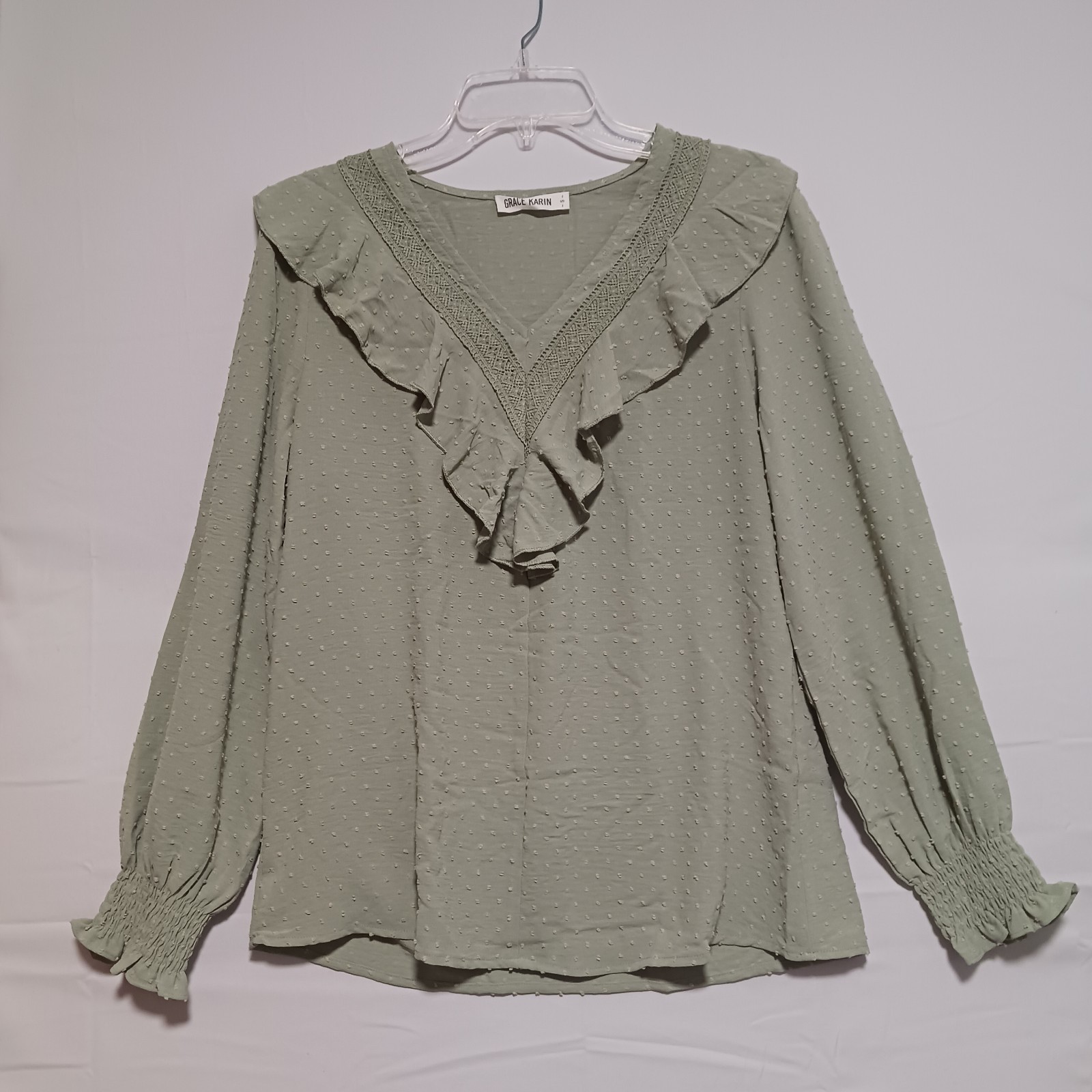 Grace Karin Women's Long Sleeve Blouse Sz S Olive Green Dot Slub V-Neck NWT