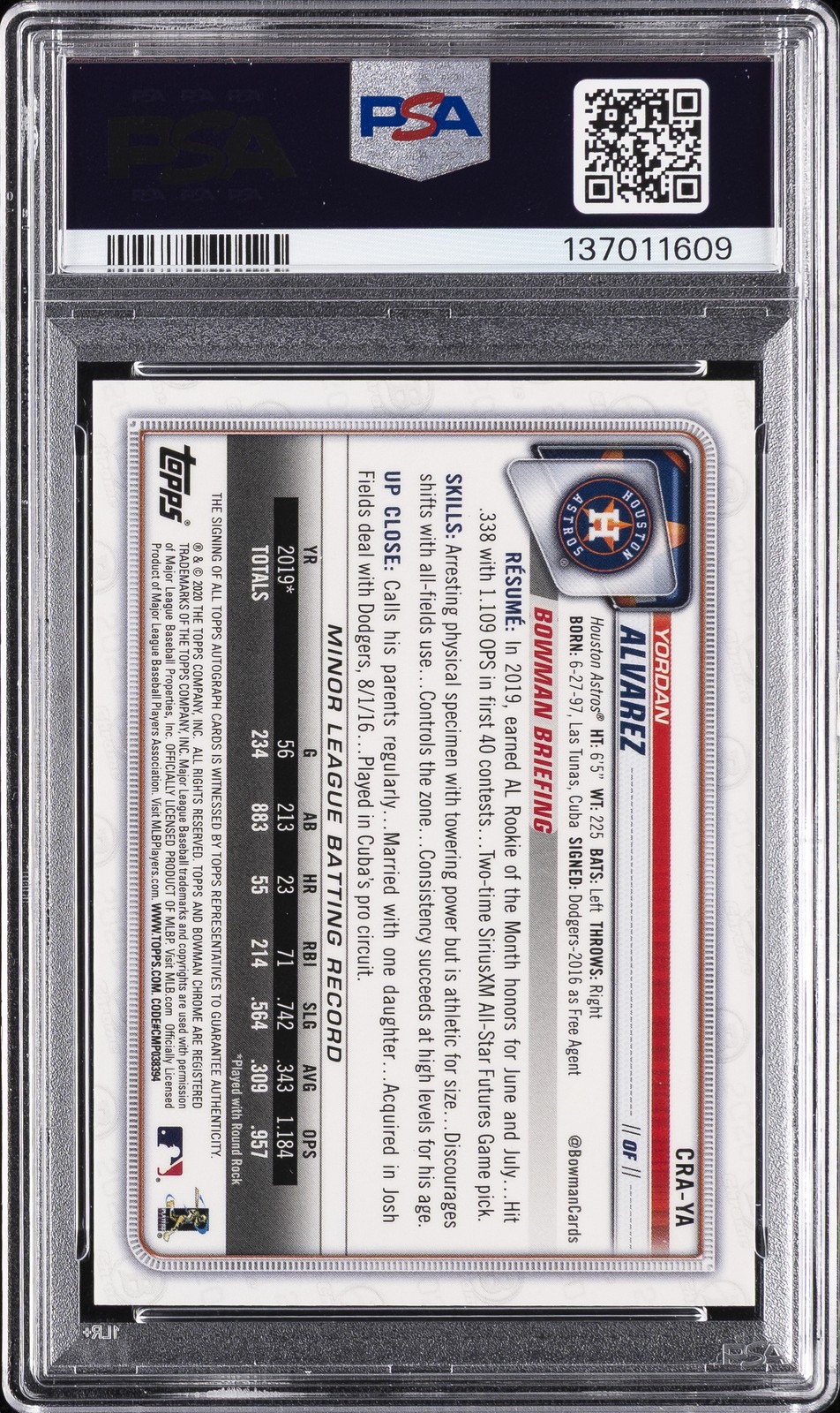 2020 BOWMAN CHROME ROOKIE AUTO ATOMIC YORDAN ALVAREZ ROOKIE RC /100 PSA 10 AUTO view 2
