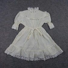 VINTAGE Prairie Dress Girls 5 White Polka Dot Lace High Neck Formal Fit Flare