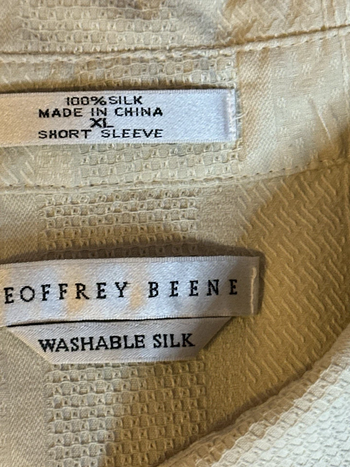 Geoffrey Beene Hombre Manga Corta 100% Seda Lavable Beige Texturizado Abotonable XL Foto 3 de 4