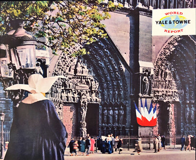 1955 Yale & Towne Vintage Print Ad Notre Dame Cathedral Door Closers Nun