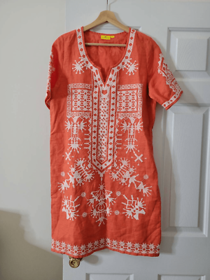 Roller rabbit embroidered linen orange dress S | eBay