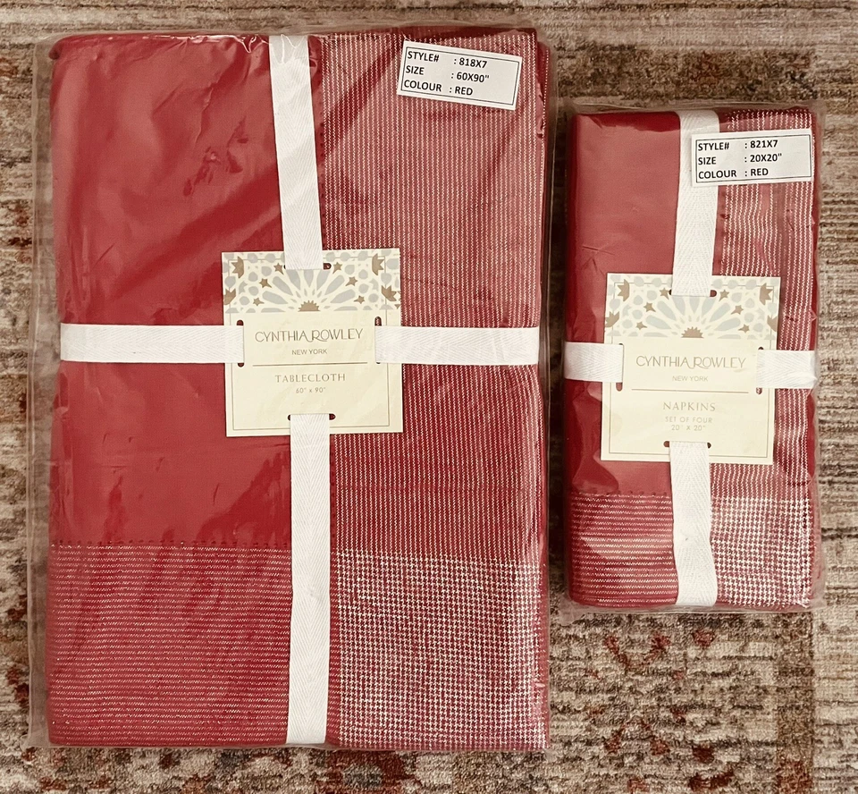 NEW! CYNTHIA ROWLEY Red Holiday Festiv Tablecloth Napkins Set Silver 60”x90” NWT - Image 2 of 4