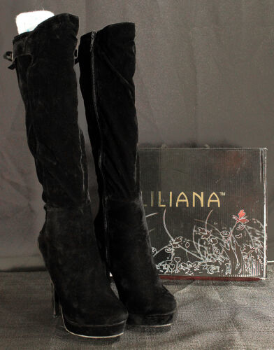 LILIANA WOMEN'S VELVET/SUEDE BOOTS BLACK KNEE HIGH STILETTOS, Z0286 SIZE: US 6 - Picture 1 of 10