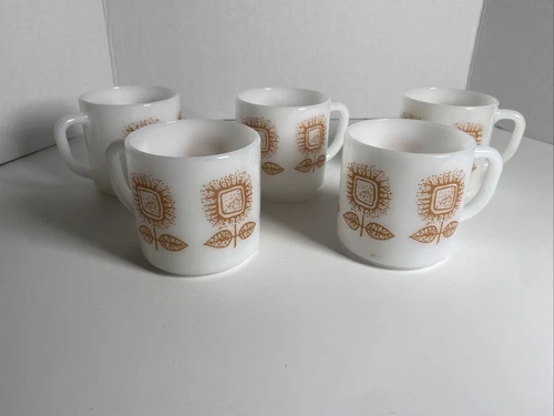 Vintage Pair of 60's Federal Milk Glass Mugs with Brown Floral Pattern