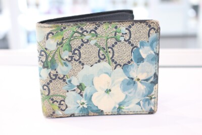 Gucci Blooms Bi-fold Wallet Blue flower PVC Leather GG Auth