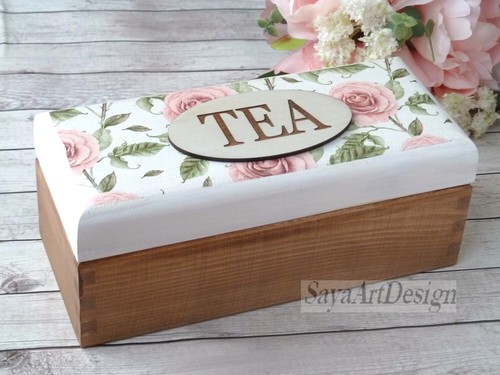 Scatola da tè in legno. Scatola bustine da tè shabby chic. Scatola rustica boema. Regalo festa della mamma - Foto 2 di 15