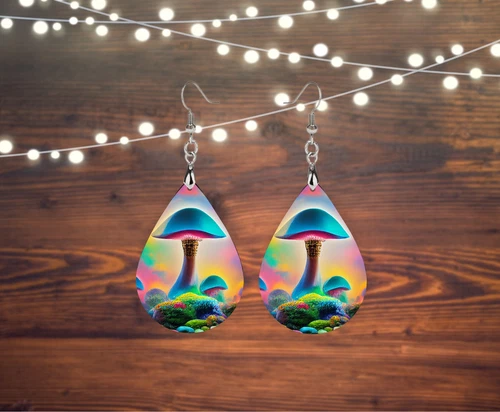 Psychedelic Mushroom Wood Tear Drop Printed Earrings Jewelry Western