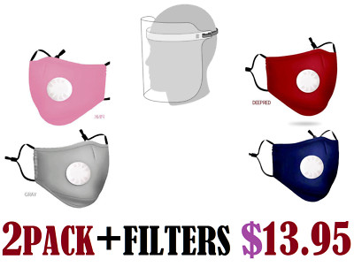 2Reusable Face Mask Cotton Mouth Cover Activated Carbon + 4 2.5PM Filter
