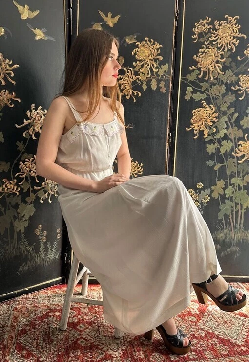 70's Vintage White Ladies Embroidery Polka Dot Slip Midi Dress Boho Folk Hippy