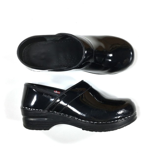 shiny black clogs