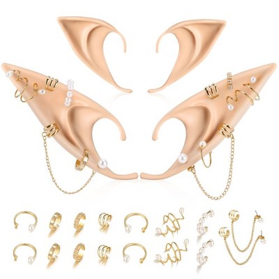 Elf Ears with Piercings - Cosplay Fairy Pixie Ears with Pearl, Non-Piercing Carg