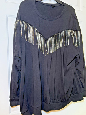 Torrid Sz 3 22-24 Black Sweatshirt Rhinestone Fringe Front & Back Mob Wife