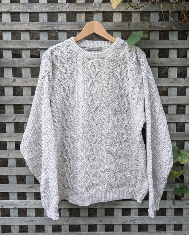 Vintage Fieldmaster Men's Medium Grandpa Cable Knit Crewneck Sweater USA Beige  - Image 3 of 4