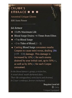 Diablo 4 Eternal Cruor's Embrace 3GA 286 Unique Gloves Necromancer Item Gear