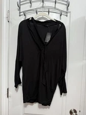 BCBG Max Azria Jersey Attached Tie Neck Scarf Blouse Women’s L Black Silk Rayon