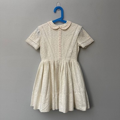 Vintage White Lace Girls Handmade Party Dress 50s Peter Pan Collar Button Back