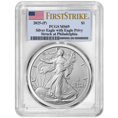 #ad 2025 P $1 American Silver Eagle First Eagle Privy PCGS MS69 FS Flag Label $137.16