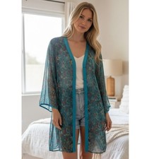 Vintage Gold Label Victoria's Secret VS Sheer Night Shirt Robe Teal Floral M/L
