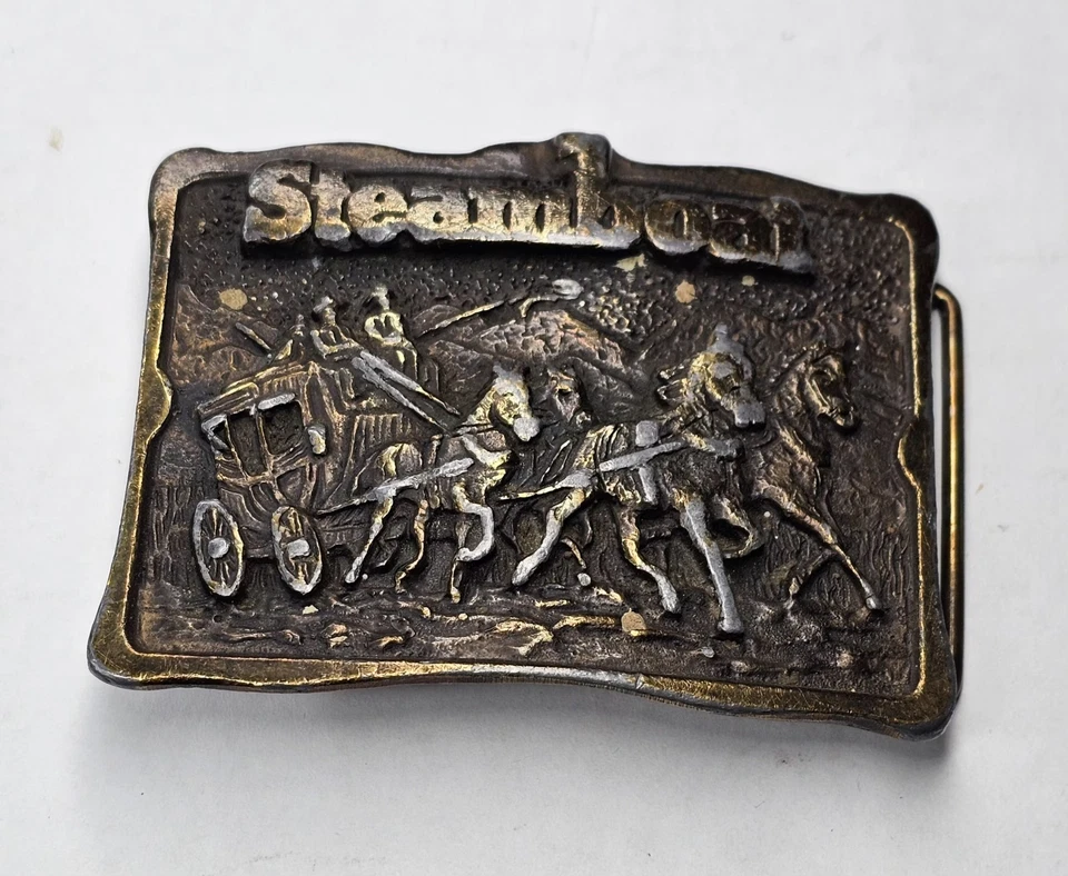 Hebilla de cinturón de latón vintage 1978 HPI Denver Colorado “Steamboat” - diligencia oeste Foto 2 de 4