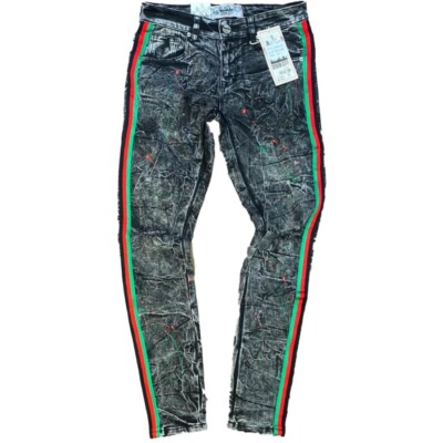 NEW DENIM I CITY BLACK SNOW WASH W/Red Green STRIPE SIZE 32x32 BRAND NEW!