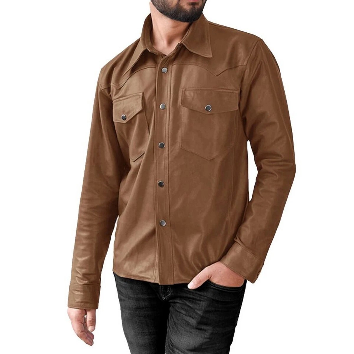 Men's DARK TAN Leather Shirt 100% Genuine Lambskin Classic Casual Wear shirt