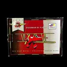 1934 SPEC CAST  BI-PLANE DIE CAST AIRPLANE BANK BY LIBERTY STEARMAN New in box