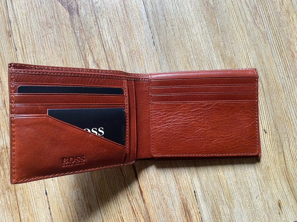 Hugo Boss Portefeuille Porte-Monnaie Homme En Cuir Marron Cognac Neuf - Photo 2/4