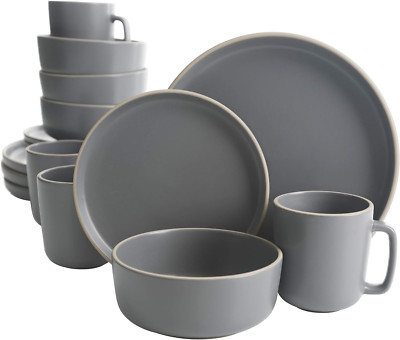 Zuma 16-Piece Matte Grey Stoneware Dinnerware Set for 4, Plates & Mugs