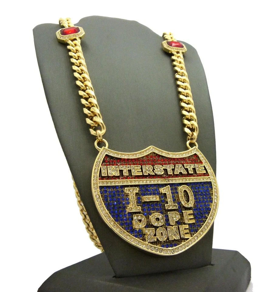 COLLAR CADENA CUBANA PIEDRA PRECIOSA ROJA 30" COLGANTE CIRCONITA CÚBICA ZONA DROGA I-10 ICE Foto 4 de 4