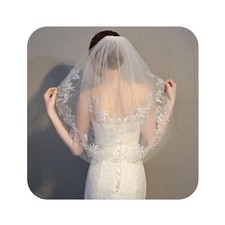 2 tier Lace Wedding Veils for Brides Short Waist Length Bridal Veil With Comb...