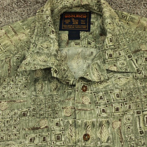 Woolrich Shirt Mens Large Green Casual Geometric Fish Hawaiian Camp Modern - Picture 2 of 6