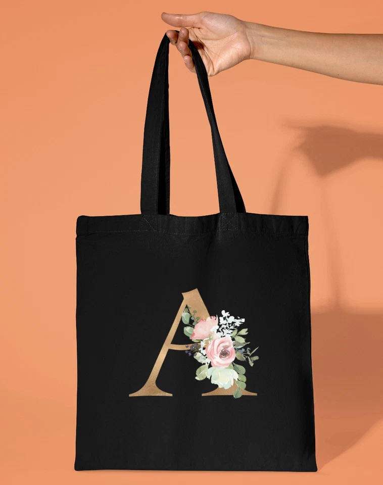 Personalised Floral Gold Initial Tote Bag. Custom Printed Cotton Shopping Gift - Image 2 of 2