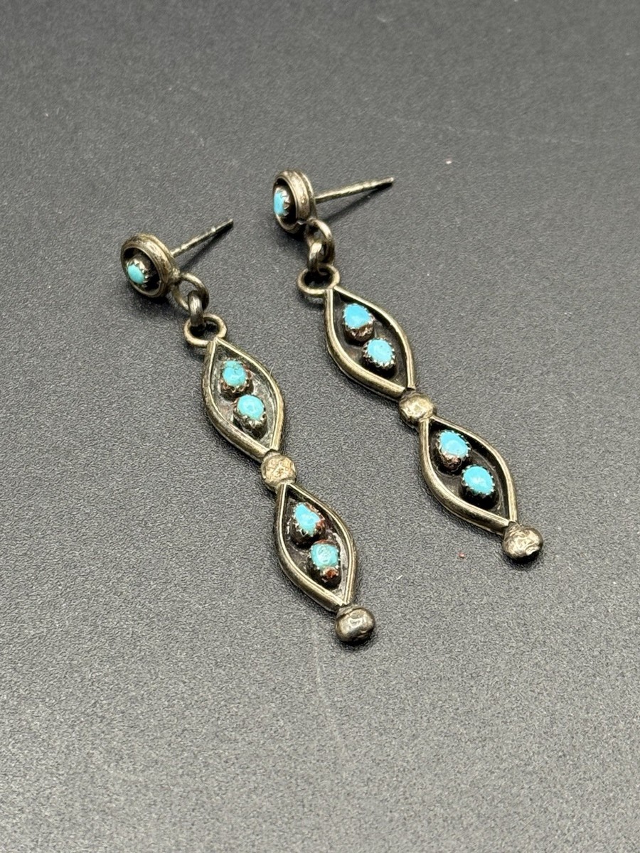 Sterling Silver Zuni Turquoise Dangle Earrings (Vintage) View 2