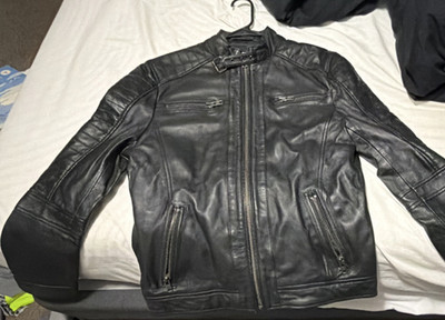 Barneys Originals Men's Black Leather Biker Jacket Zip Stand-Up Collar M
