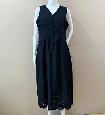Rachel Zoe Black Midi Dress Women's M Sleeveless V-Neck Embroidered Eyelet