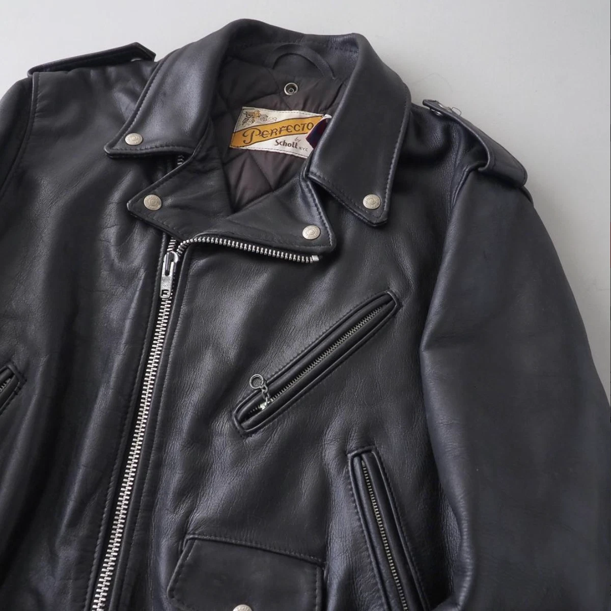 Chaqueta de Cuero Schott Perfecto 618 Double Rider Negra Hecha en EE. UU. Talla 40