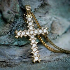 Solid 14K Yellow Gold Moissanite Cross Wedding Pendant 2 CT Round Brilliant Cut