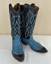 Vtg Tony Lama Cowboy Boots Lizard Wingtip Black Label Turquoise 2 Tone Wmn 4.5A