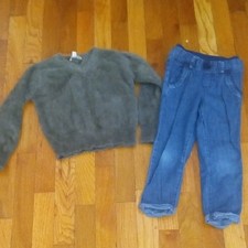 girl 4 jeans and green soft fuzzy sweater