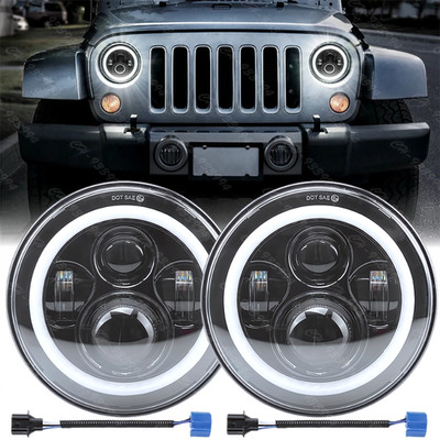 Pair 7'' Inch Round Led Headlights Hi/Lo Beam For Jeep Wrangler JK LJ TJ CJ