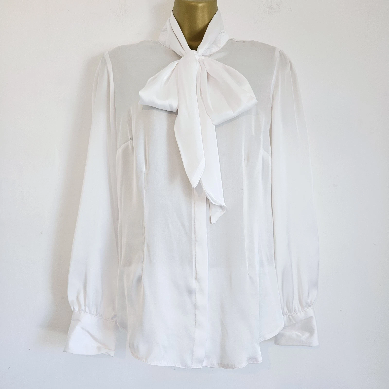 NEW Ex Wallis 8-22 Pussybow Satin Button Up Pearl White Blouse Top Shirt
Opens in a new window or ta