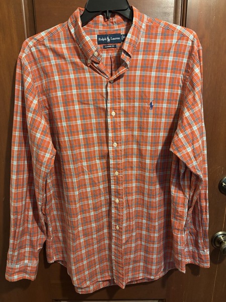 Ralph Lauren Classic Fit L/ S Shirt Mens XL Orange/Blue Plaid Button Up