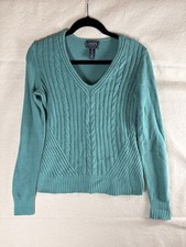 Chaps Classics Cable Knit V Neck Sweater Women’s Small Aqua Cotton Blend Preppy
