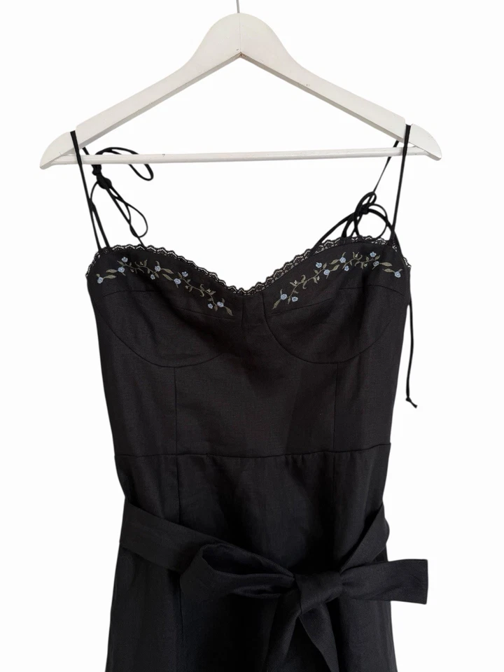 Reformation Kieryn Linen Dress Black Floral Embroidered Belt £278 Size 6 UK 10 - Image 2 of 4