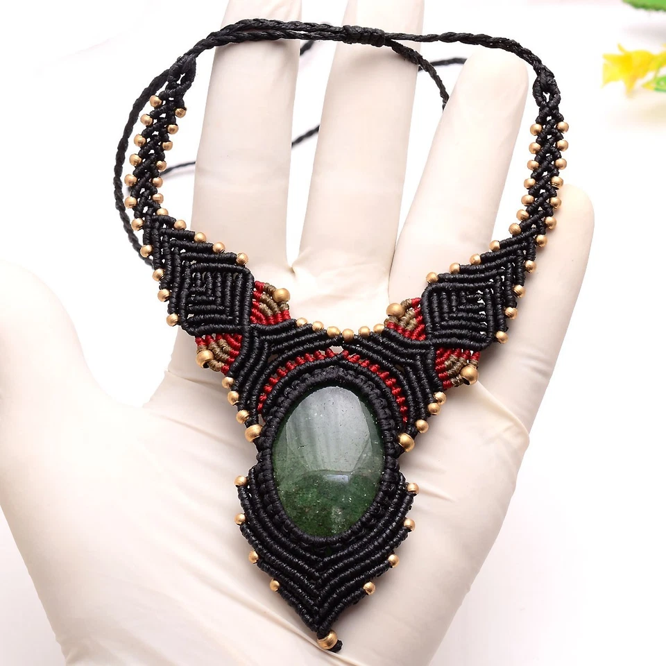 Natürliches Grün Erdbeere Quarz Boho Makramee Choker Heilung Kristall Halskette - Bild 3 von 4